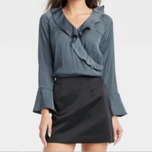 A New Day Target Ruffle Wrap Blouse Size Medium Teal Blue Flounce Long Sleeve